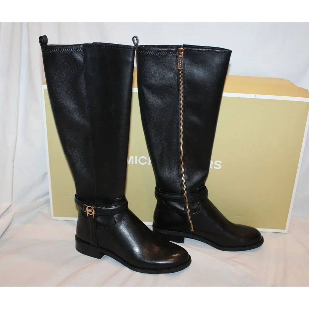 $375 Michael Kors Women's Mindy Flat Leather Tall Black Boots 5 W